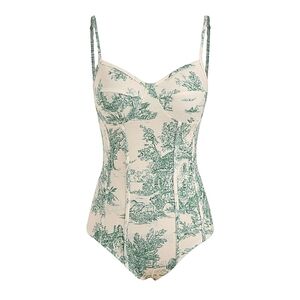 NWT Cider Green Cream Toile De Jouy Bustier Corset Vintage Print Bodysuit
